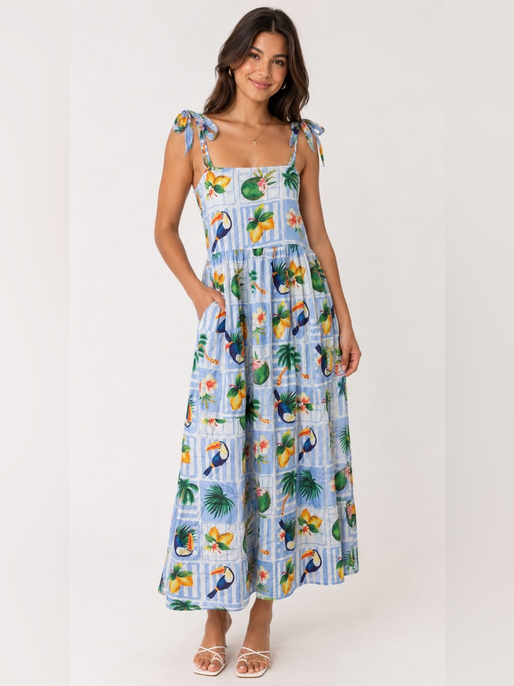 Free Destination Dress Tropical Toucan Tie Strap Maxi Dress Size medium